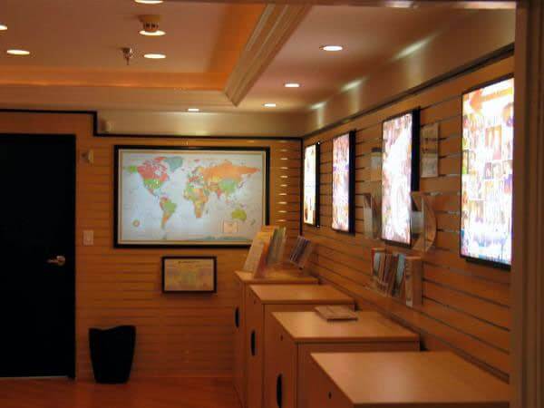 The Church's Resource Center displays an illuminated Lightravels® Custom World Map to use as a tool to guide visitors to the locations of their Missionaries. (Outer Frame Dimensions: 52½"w x 35"h x 3"d)