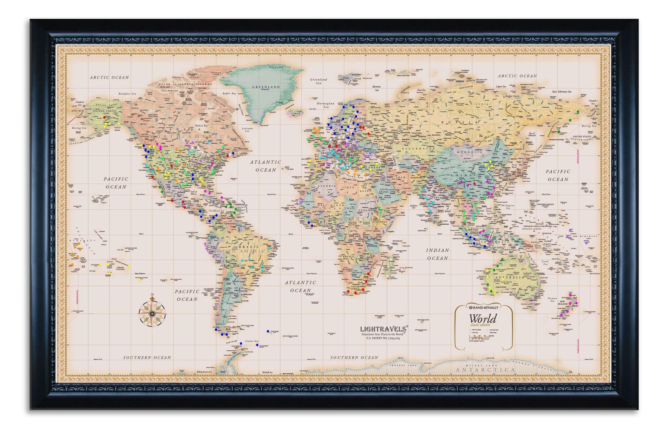Classic Style World Map shown with pegs inserted.  This is an example of what your map can look like. 
