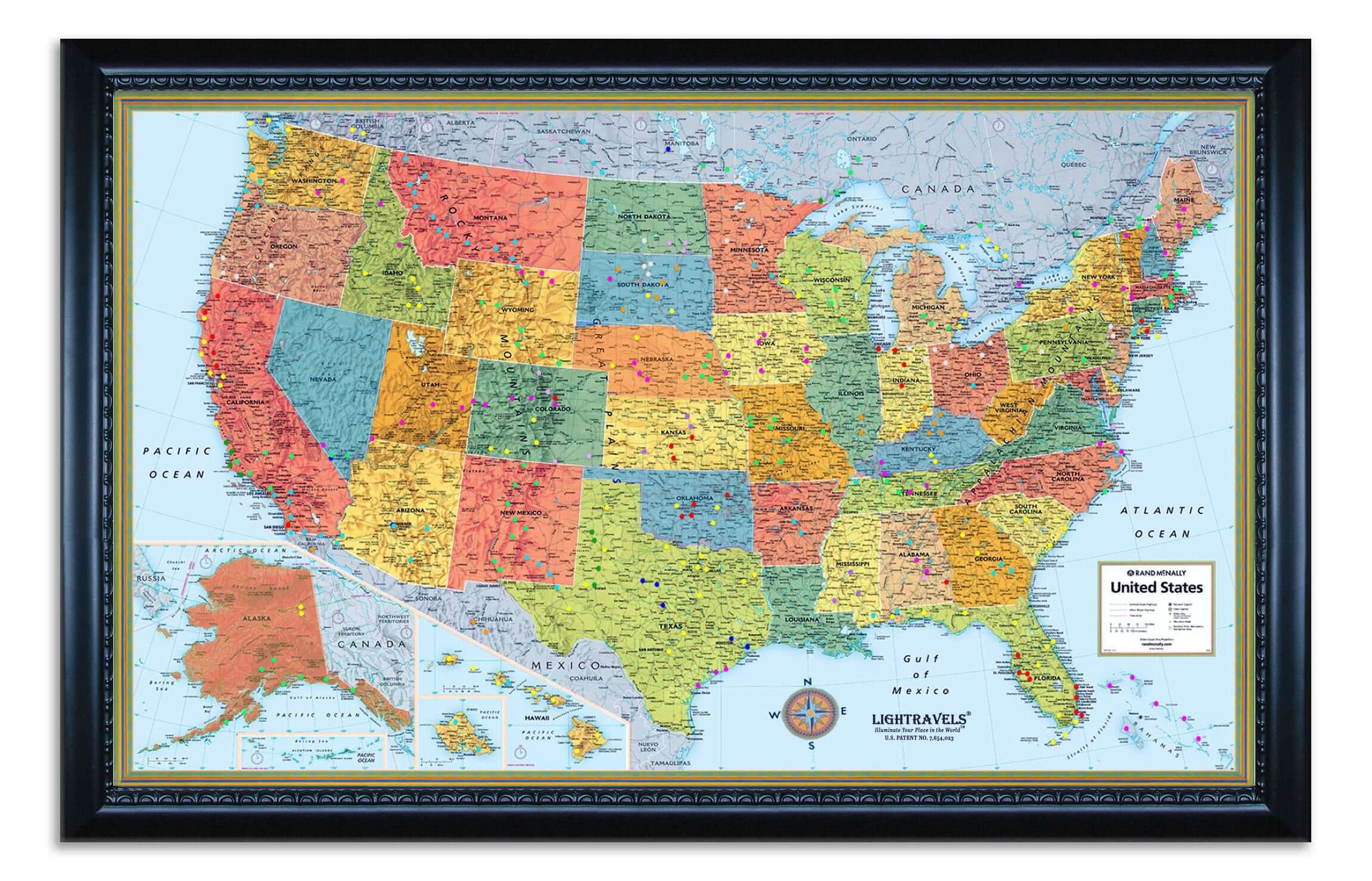 Modern Style U.S. Map shown with pegs inserted.  This is an example of what your map can look like (picture taken in evening). 