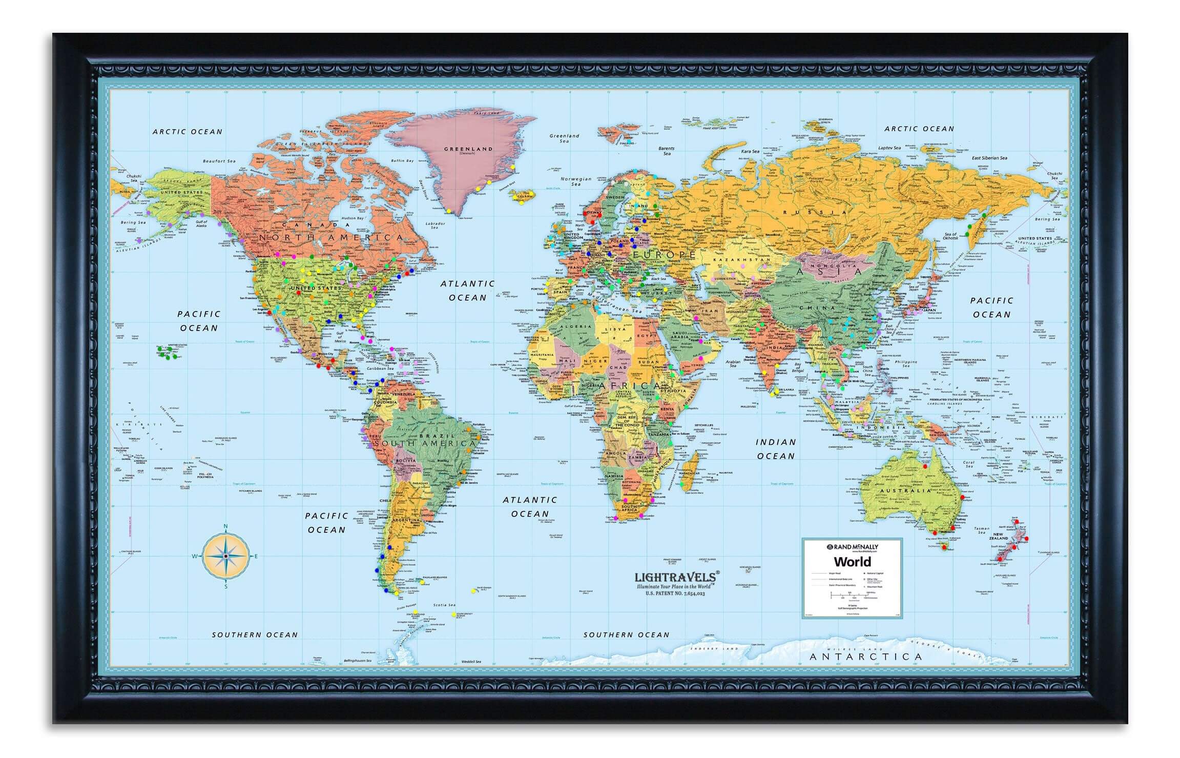 Modern Style World Map shown with pegs inserted.  This is an example of what your map can look like. 