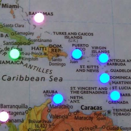 Close up picture of trip to Caribbean on Modern Style World Map.